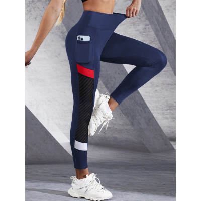 Patchwork Color Contrast Women's Leggings With Side Pockets Fitness Exercise Cycling Yoga Pants