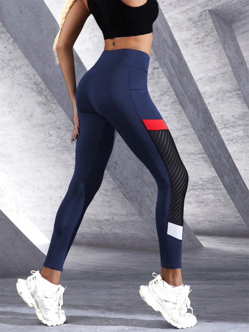 Patchwork Color Contrast Women's Leggings With Side Pockets Fitness Exercise Cycling Yoga Pants
