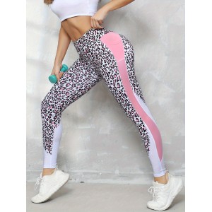 Leopard Print Spliced Yoga Leggings With Side Pockets Seam Fitness Exercise Yoga Pants Fashion Style For Women