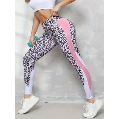 Leopard Print Spliced Yoga Leggings With Side Pockets Seam Fitness Exercise Yoga Pants Fashion Style