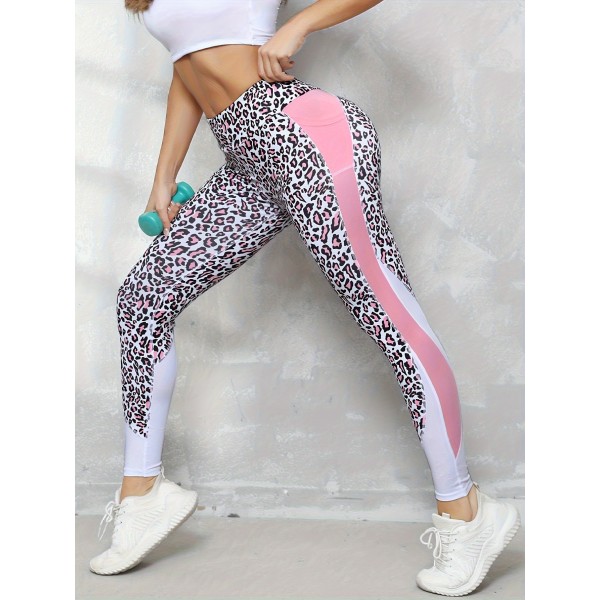 Leopard Print Spliced Yoga Leggings With Side Pockets Seam Fitness Exercise Yoga Pants Fashion Style