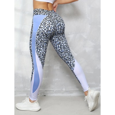 Leopard Print Spliced Yoga Leggings With Side Pockets Seam Fitness Exercise Yoga Pants Fashion Style