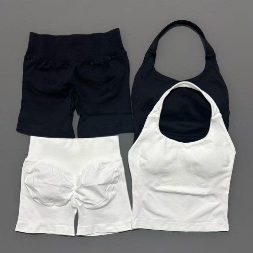 Women 2 Piece Seamless Yoga Outfit, Halter Backless Sports Bra Crop Top + High Waist Scrunch Butt Shorts