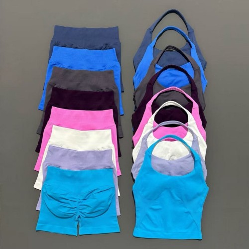 Women 2 Piece Seamless Yoga Outfit, Halter Backless Sports Bra Crop Top + High Waist Scrunch Butt Shorts