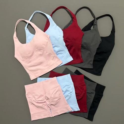 Women 2 Piece Seamless Yoga Outfit, Halter Backless Sports Bra Crop Top + High Waist Scrunch Butt Shorts