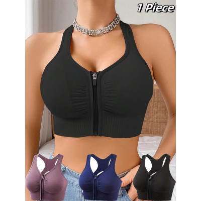 Women Front Zipper Sports Bra Vest, Plus Size Shock Resistant High Support Yoga Running Fitness Workout Underwear for Ladies