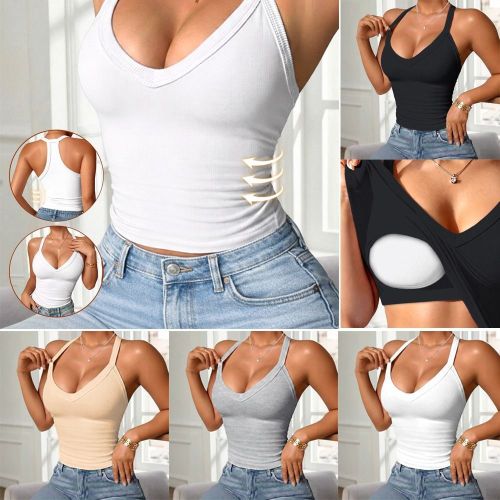 Women Ribbed V Neck Racerback Tank Top with Padded Bra Casual Yoga Workout Cami Top