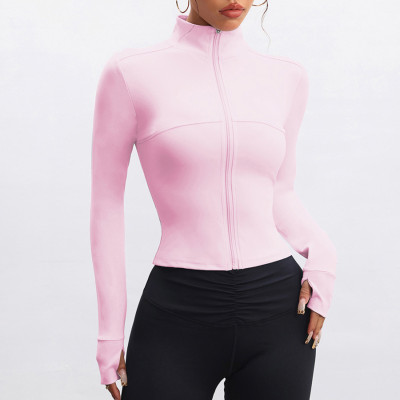 Women Seamless Full Zip Workout Jacket, Stand Collar Long Sleeve Yoga Top with Thumb Holes