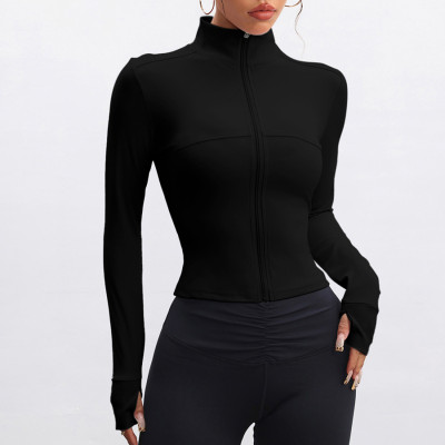 Women Seamless Full Zip Workout Jacket, Stand Collar Long Sleeve Yoga Top with Thumb Holes