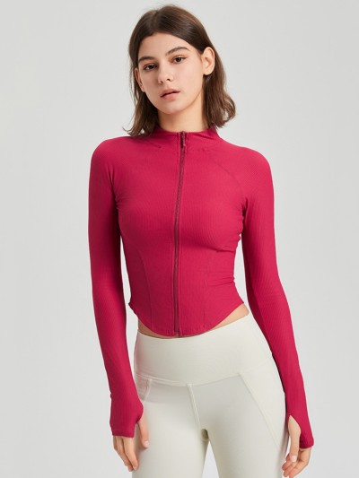 Women Stand Collar Full Zip Yoga Jacket, Curved Hem Slim Shaping Workout Top with Thumb Holes