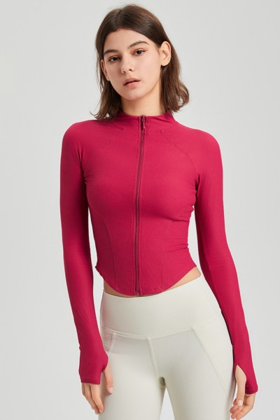 Women Stand Collar Full Zip Yoga Jacket, Curved Hem Slim Shaping Workout Top with Thumb Holes