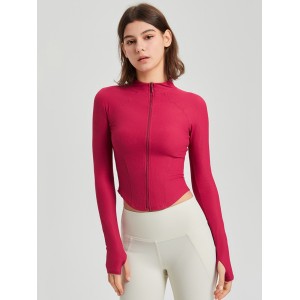 Women Stand Collar Full Zip Yoga Jacket, Curved Hem Slim Shaping Workout Top with Thumb Holes