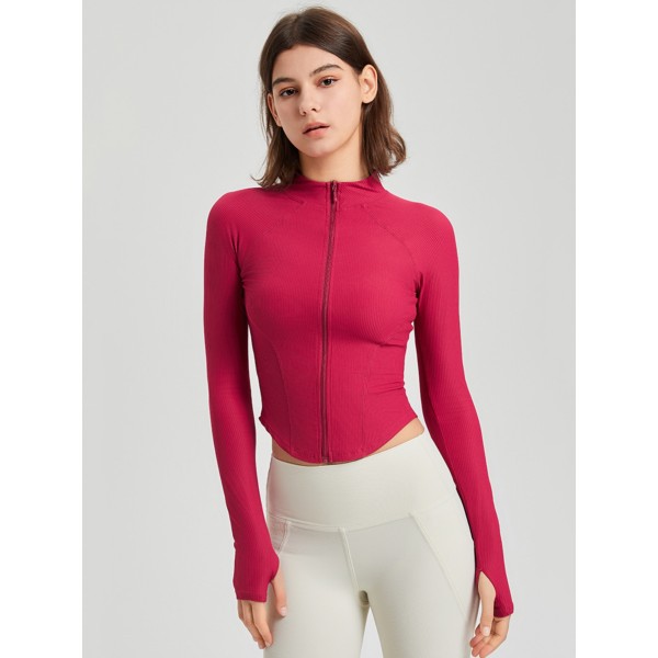 Women Stand Collar Full Zip Yoga Jacket, Curved Hem Slim Shaping Workout Top with Thumb Holes