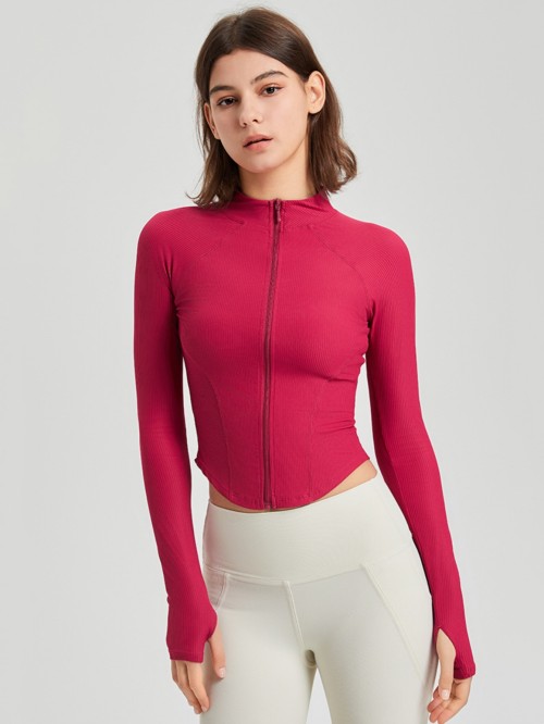 Women Stand Collar Full Zip Yoga Jacket, Curved Hem Slim Shaping Workout Top with Thumb Holes