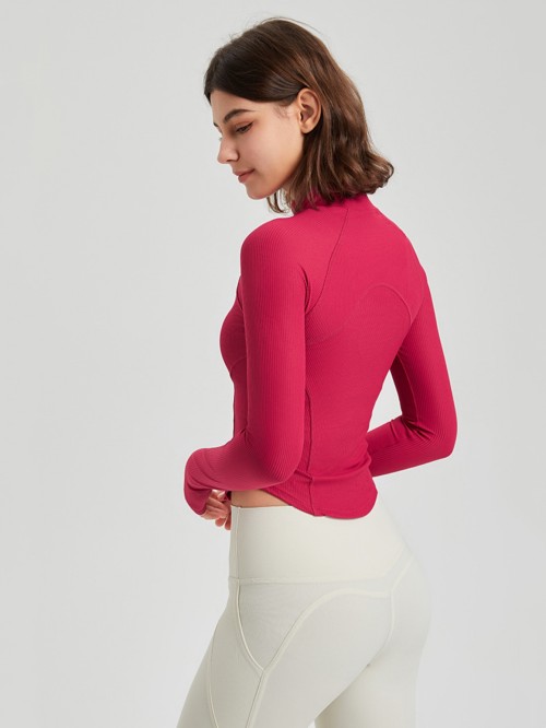 Women Stand Collar Full Zip Yoga Jacket, Curved Hem Slim Shaping Workout Top with Thumb Holes