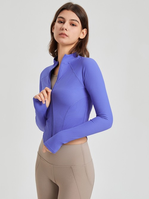 Women Stand Collar Full Zip Yoga Jacket, Curved Hem Slim Shaping Workout Top with Thumb Holes