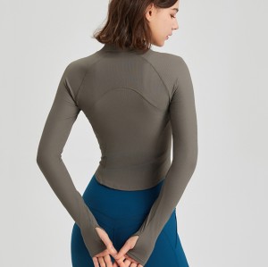 Women Stand Collar Full Zip Yoga Jacket, Curved Hem Slim Shaping Workout Top with Thumb Holes