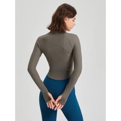 Women Stand Collar Full Zip Yoga Jacket, Curved Hem Slim Shaping Workout Top with Thumb Holes
