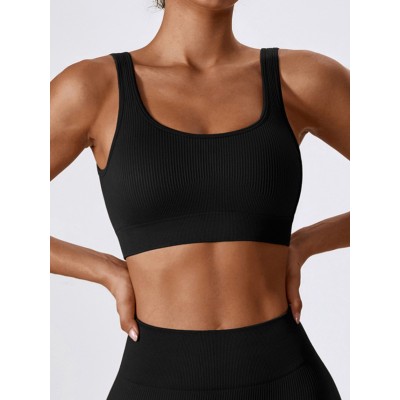 Women Seamless Ribbed Knit Sports Bra, U Neck Yoga Fitness Crop Top, Breathable Workout Activewear Bra