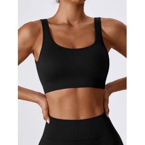 Women Seamless Ribbed Knit Sports Bra, U Neck Yoga Fitness Crop Top, Workout Activewear Bra