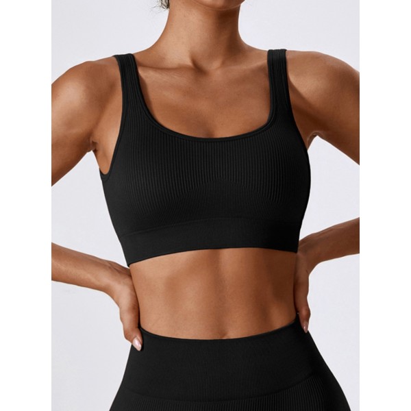 Women Seamless Ribbed Knit Sports Bra, U Neck Yoga Fitness Crop Top, Breathable Workout Activewear Bra