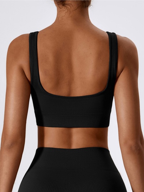 Women Seamless Ribbed Knit Sports Bra, U Neck Yoga Fitness Crop Top, Breathable Workout Activewear Bra