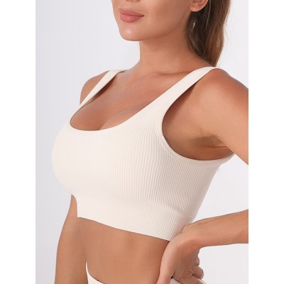 Women Seamless Ribbed Knit Sports Bra, U Neck Yoga Fitness Crop Top, Breathable Workout Activewear Bra