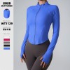 Women Ribbed Stand Collar Full Zip Workout Jacket, Slim Curved Hem Long Sleeve Fitness Top