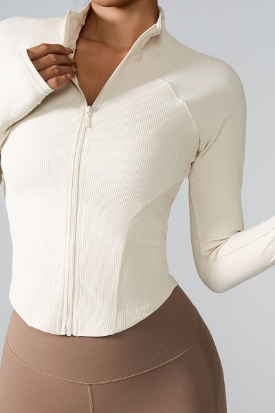 Women Ribbed Stand Collar Full Zip Workout Jacket, Slim Curved Hem Long Sleeve Fitness Top