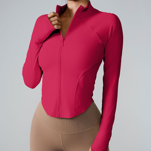 Women Ribbed Stand Collar Full Zip Workout Jacket, Slim Curved Hem Long Sleeve Fitness Top