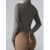 Women Ribbed Stand Collar Full Zip Workout Jacket, Slim Curved Hem Long Sleeve Fitness Top