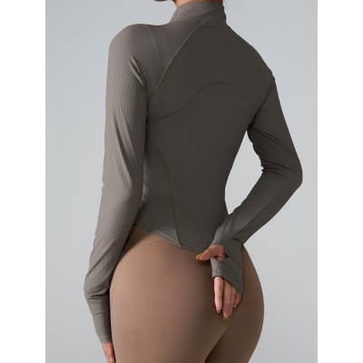 Women Ribbed Stand Collar Full Zip Workout Jacket, Slim Curved Hem Long Sleeve Fitness Top