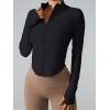 Women Ribbed Stand Collar Full Zip Workout Jacket, Slim Curved Hem Long Sleeve Fitness Top