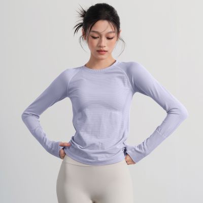 Women Crew Neck Seamless Ribbed Long‑Sleeve Yoga Training Top, High Stretch Slim Fit Quick‑Dry Autumn Winter Fitness Sports Shirt