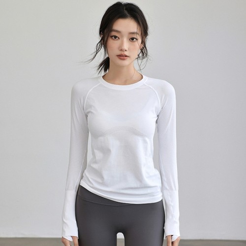 Women Crew Neck Seamless Ribbed Long‑Sleeve Yoga Training Top, High Stretch Slim Fit Quick‑Dry Autumn Winter Fitness Sports Shirt