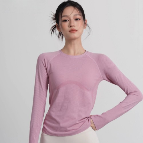 Women Crew Neck Seamless Ribbed Long‑Sleeve Yoga Training Top, High Stretch Slim Fit Quick‑Dry Autumn Winter Fitness Sports Shirt