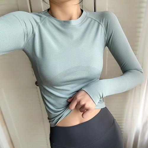 Women Crew Neck Seamless Ribbed Long‑Sleeve Yoga Training Top, High Stretch Slim Fit Quick‑Dry Autumn Winter Fitness Sports Shirt