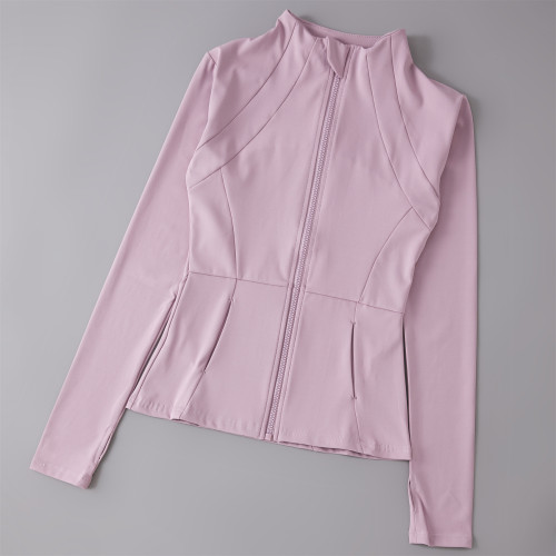 Women Stand Collar Zip Up Yoga Windbreaker Jacket, Slim Waist Long Sleeve Workout Top With Side Pockets