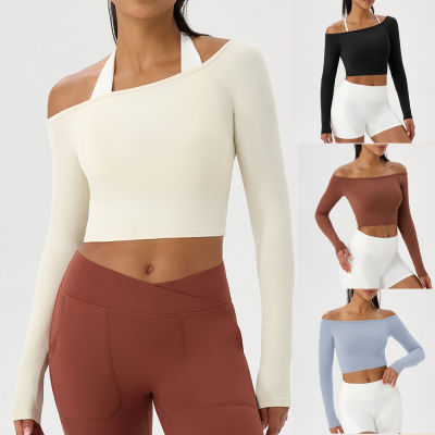 Ladies Asymmetric One‑Shoulder Fitness Long Sleeve Crop Top Halter Neck Activewear for Pilates