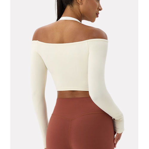 Ladies Asymmetric One Shoulder Fitness Halter Long Sleeve Workout Top Activewear for Pilates
