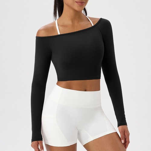 Ladies Asymmetric One Shoulder Fitness Halter Long Sleeve Workout Top Activewear for Pilates