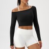 Ladies Asymmetric One Shoulder Fitness Halter Long Sleeve Workout Top Activewear for Pilates