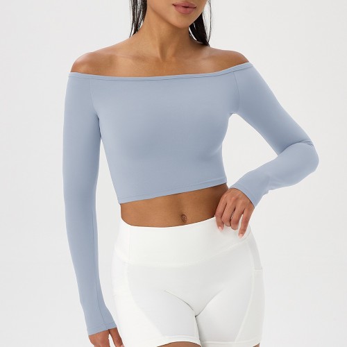 Ladies Asymmetric One Shoulder Fitness Halter Long Sleeve Workout Top Activewear for Pilates