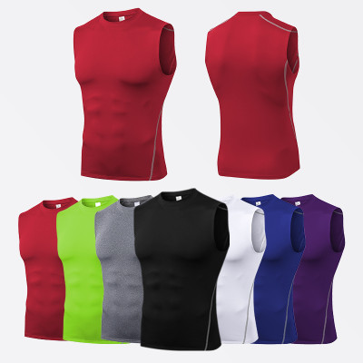 Men Round Neck Compression Sleeveless Fitness Tank Top Quick Dry Gym Workout Running Sport Vest Athletic Sportswear Tops