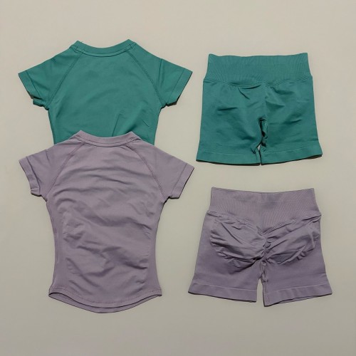 Women Seamless Yoga Workout 2‑Piece Set Short Sleeve Top & Sports Shorts