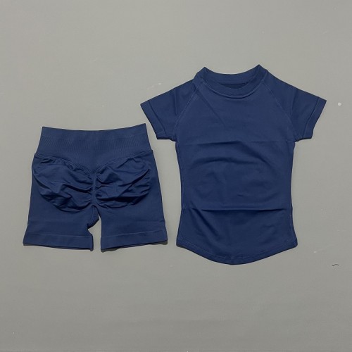 Women Seamless Yoga Workout 2‑Piece Set Short Sleeve Top & Sports Shorts