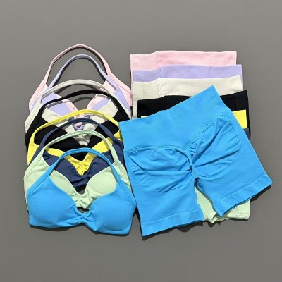 Women Seamless 2 Piece Yoga Set Halter Sports Bra + High Waist Scrunch Shorts Fitness Workout Gym Suit