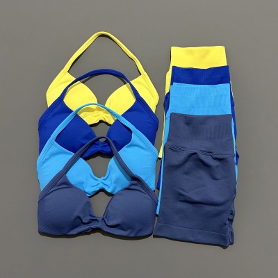 Women Seamless 2 Piece Yoga Set Halter Sports Bra High Waist Scrunch Shorts Fitness Workout Gym Suit
