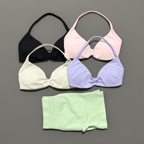 Women Seamless 2 Piece Yoga Set Halter Sports Bra + High Waist Scrunch Shorts Fitness Workout Gym Suit