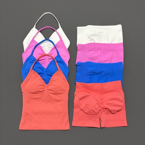 Women Seamless 2 Pieces Sports Set Halter Backless Tank Yoga Top High Waist Scrunch Shorts Gym Workout Activewear Suit